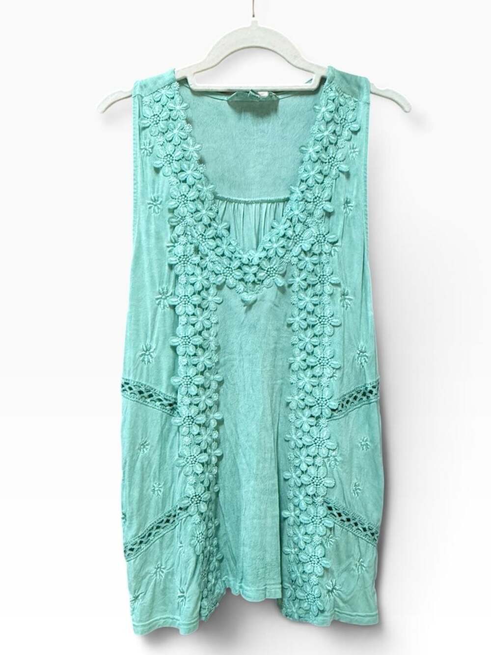 POL Clothing Floral Tank Top Sleeveless Lace Trim V-Neck Mint Green L